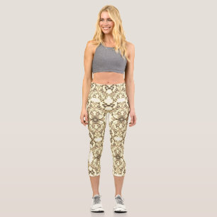 Lacy Look of Flowers Golden Sepia Capri Leggings
