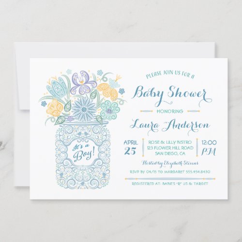 Lacy Mason Jar Baby Shower Baby Boy Invitation