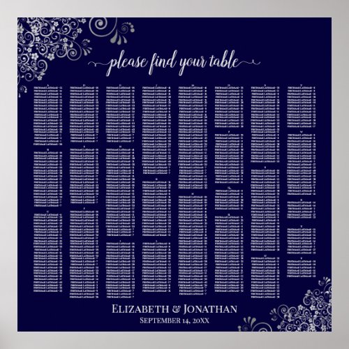 Lacy Navy Blue  Silver Alphabetical Seating Chart