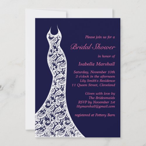 Lacy Navy Bridal Shower Invitation