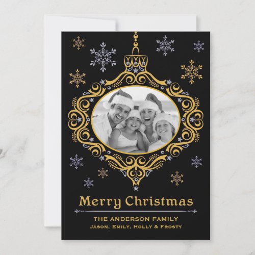Lacy Ornament Photo Christmas Card in Black  Gold