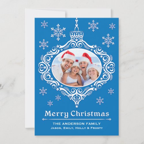 Lacy Ornament Photo Christmas Card in Blue