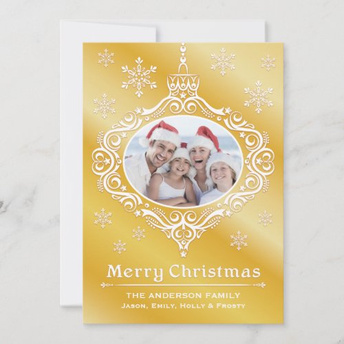 Lacy Ornament Photo Christmas Card in Gold