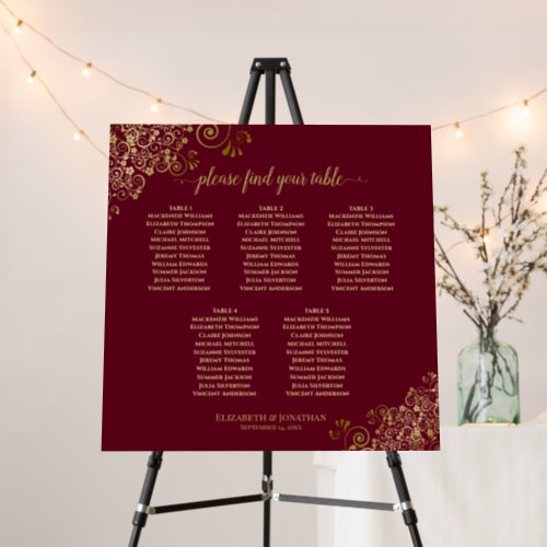 Lacy Ornate Burgundy  Gold 5 Table Seating Chart Foam Board