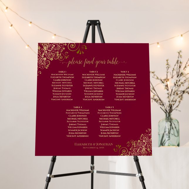 Lacy Ornate Burgundy & Gold 5 Table Seating Chart Foam Board (In Situ (Stand))