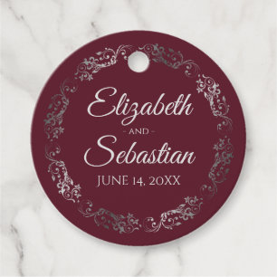 Lacy Ornate Silver Border Elegant Burgundy Wedding Favor Tags