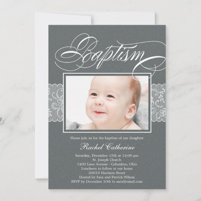 Lacy Ribbon Photo Baptism Invitation (Front)