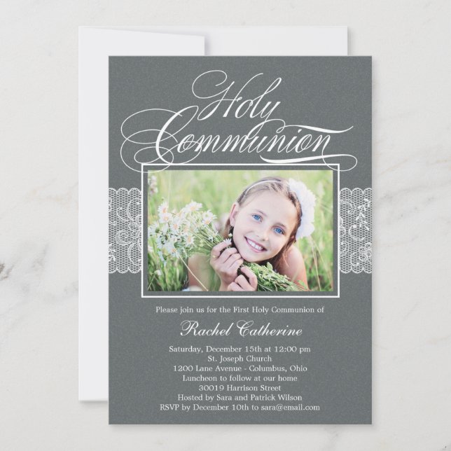 Lacy Ribbon Photo First Communion Invitation (Front)