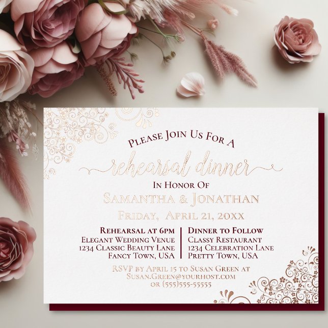 Lacy Rose Gold & Burgundy Wedding Rehearsal Dinner Foil Invitation (Invitation front with back shown behind)