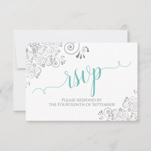 Lacy Silver  Aqua on White Elegant Script Wedding RSVP Card