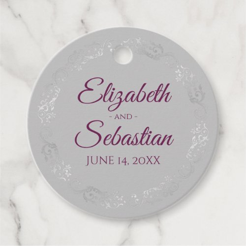 Lacy Silver Border Cassis Purple  Gray Wedding Favor Tags