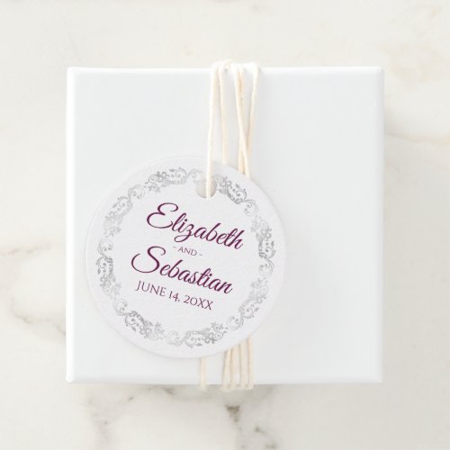 Lacy Silver Border Cassis Purple  White Wedding Favor Tags
