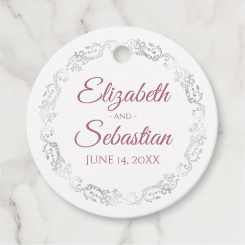 Lacy Silver Border Dusty Rose  White Chic Wedding Favor Tags