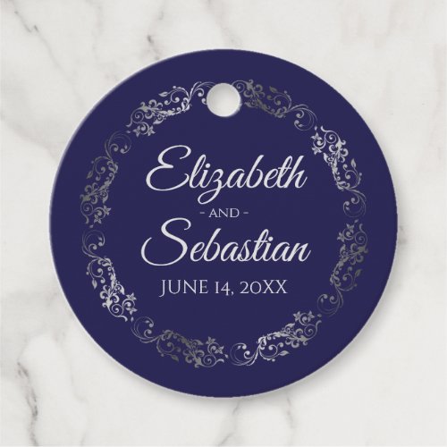 Lacy Silver Border Elegant Navy Blue Wedding Favor Tags