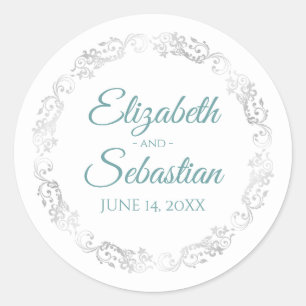 Lacy Silver Border Elegant Teal & White Wedding Classic Round Sticker
