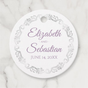 Lacy Silver Border Lavender & White Chic Wedding Favor Tags