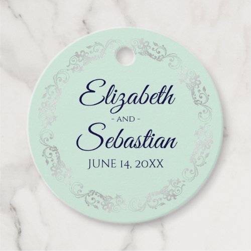 Lacy Silver Border Navy Blue  Mint Green Wedding Favor Tags