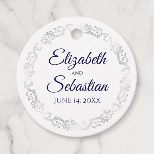 Lacy Silver Border Navy Blue  White Wedding Favor Tags