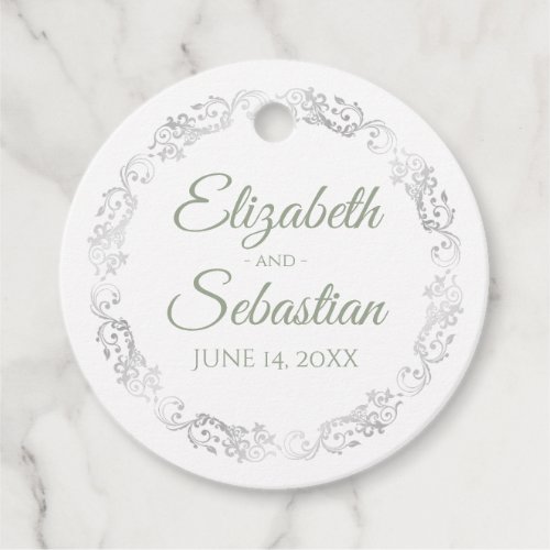 Lacy Silver Border Sage Green  White Chic Wedding Favor Tags