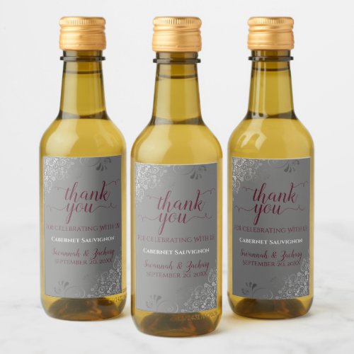 Lacy Silver Burgundy Gray Wedding Thank You Mini Wine Label