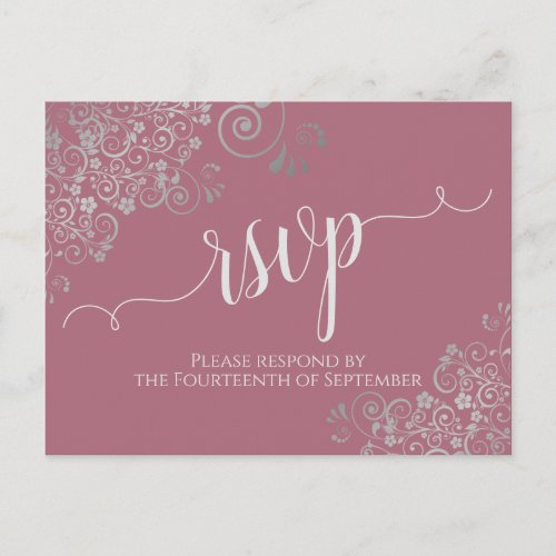 Lacy Silver Calligraphy Dusty Rose Wedding RSVP Postcard