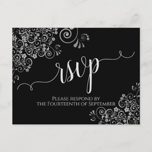 Lacy Silver Calligraphy Elegant Black Wedding RSVP Postcard