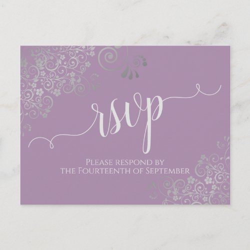Lacy Silver Calligraphy Lavender Wedding RSVP Postcard