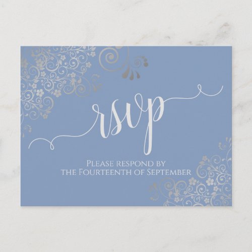 Lacy Silver Calligraphy Light Blue Wedding RSVP Postcard