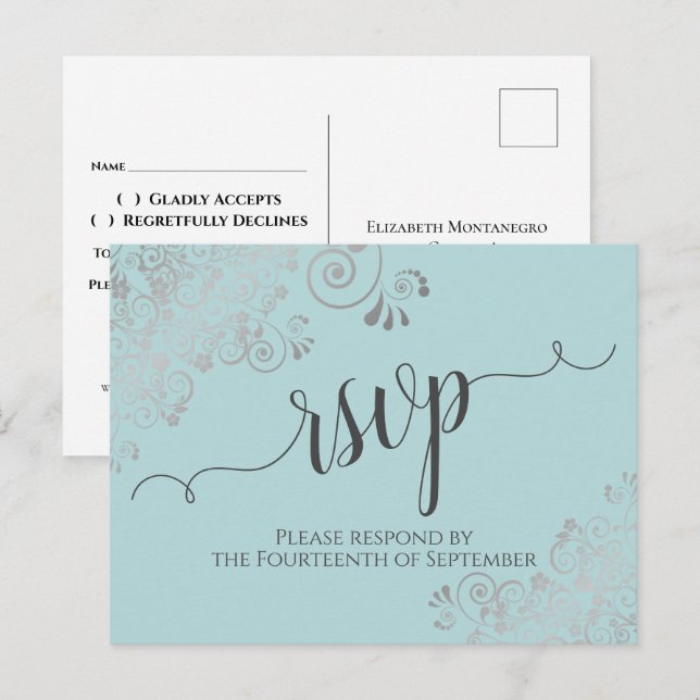 Lacy Silver Calligraphy Mint Teal Wedding RSVP Postcard (Front/Back)