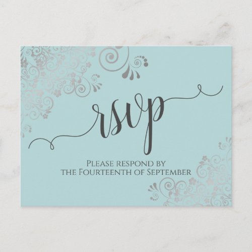 Lacy Silver Calligraphy Mint Teal Wedding RSVP Postcard