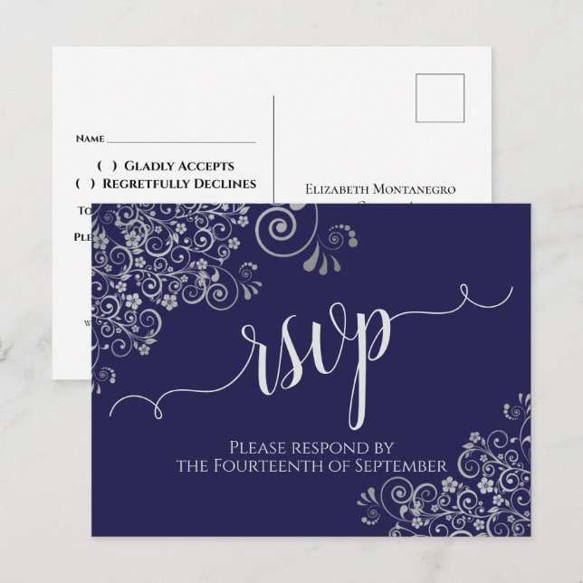 Lacy Silver Calligraphy Navy Blue Wedding RSVP Postcard (Front/Back)