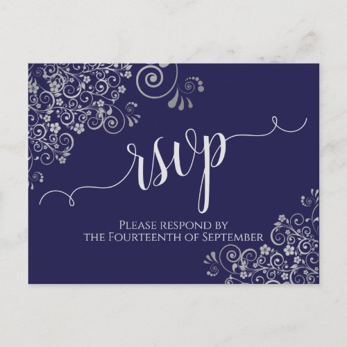 Lacy Silver Calligraphy Navy Blue Wedding RSVP Postcard