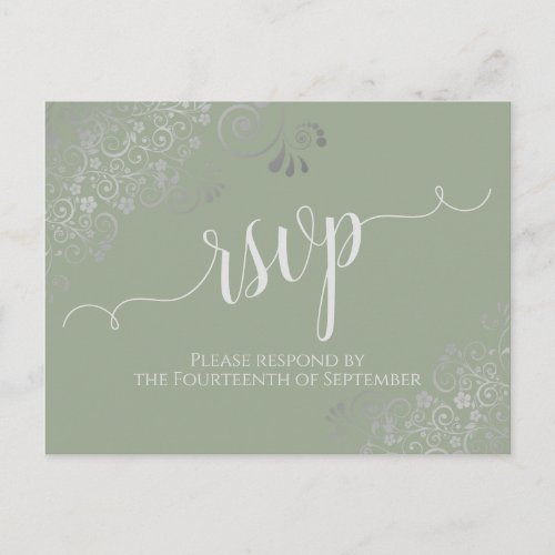 Lacy Silver Calligraphy Sage Green Wedding RSVP Postcard
