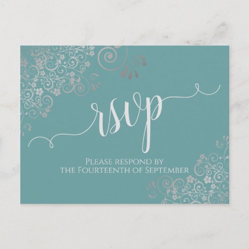 Lacy Silver Calligraphy Teal Wedding RSVP Postcard