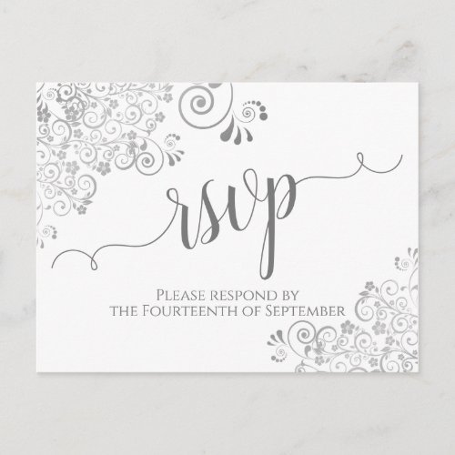 Lacy Silver Calligraphy White  Gray Wedding RSVP Postcard