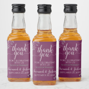 Lacy Silver Cassis Purple Wedding Thank You Mini Liquor Bottle Label