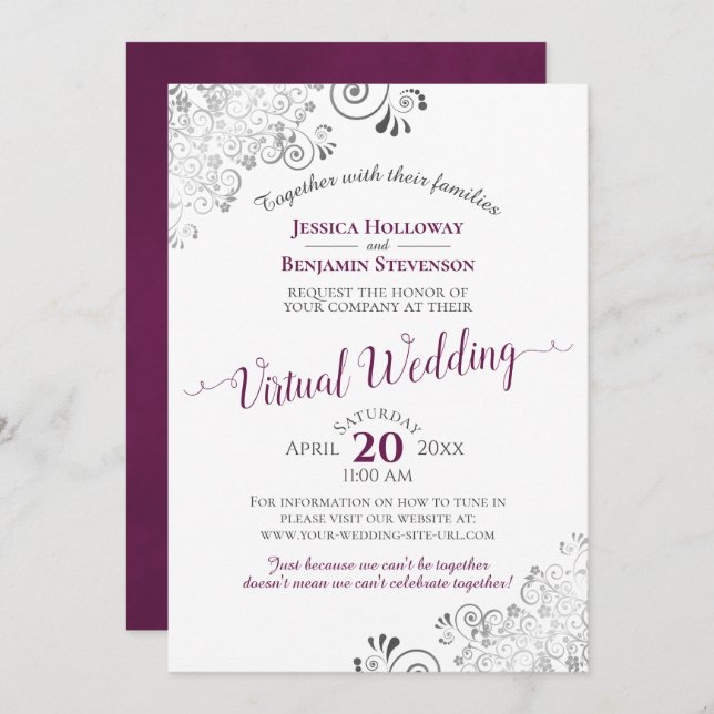 Lacy Silver Cassis Purple & White Virtual Wedding Invitation (Front/Back)