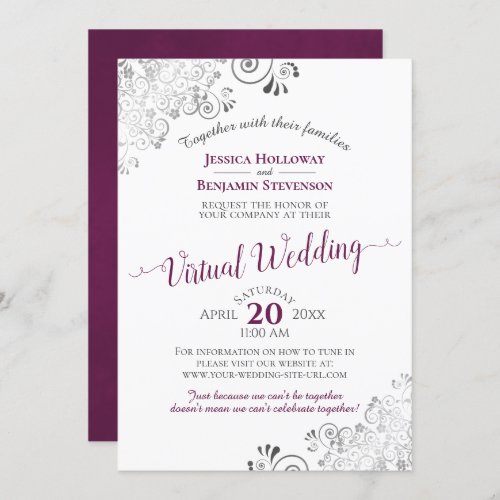 Lacy Silver Cassis Purple  White Virtual Wedding Invitation