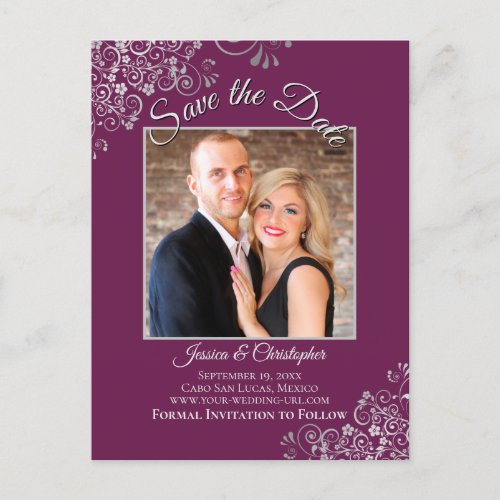 Lacy Silver  Cassis Wedding Save the Date Photo Announcement Postcard