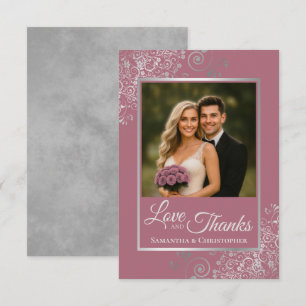 Lacy Silver Dusty Rose Pink Love & Thanks Wedding Thank You Card