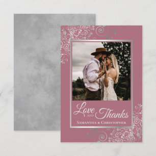 Lacy Silver Dusty Rose Pink Love & Thanks Wedding Thank You Card