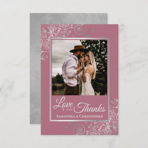 Lacy Silver Dusty Rose Pink Love  Thanks Wedding Thank You Card