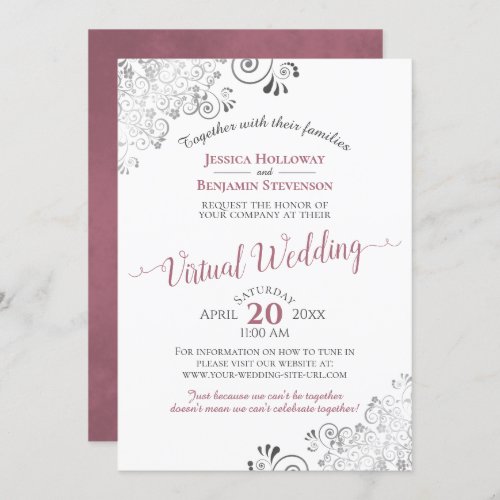 Lacy Silver Dusty Rose  White Virtual Wedding Invitation