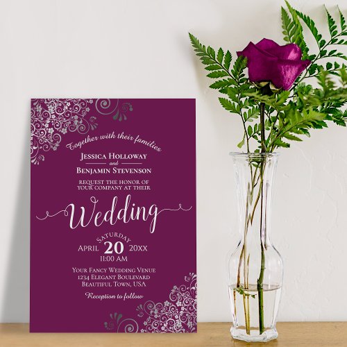 Lacy Silver Elegant Cassis Purple Magenta Wedding Invitation