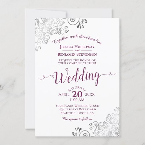 Lacy Silver Elegant Cassis Purple on White Wedding Invitation