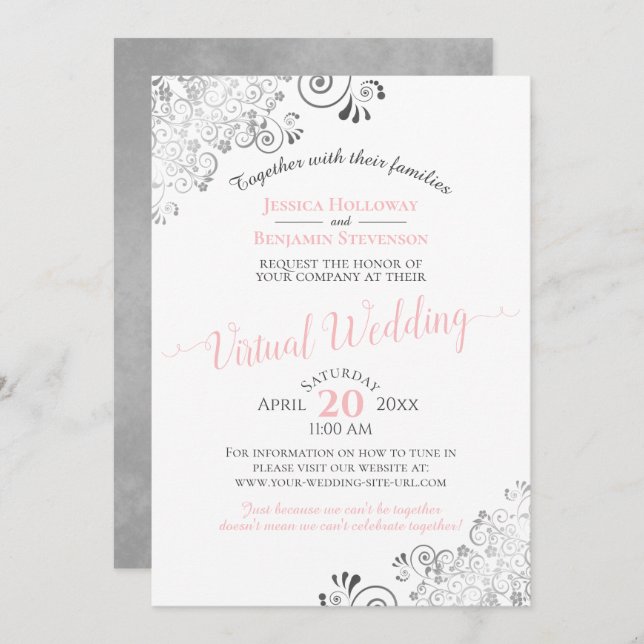 Lacy Silver Elegant Pink & Gray Virtual Wedding Invitation (Front/Back)