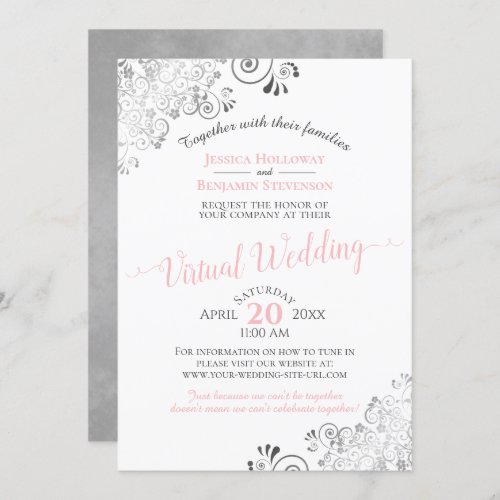 Lacy Silver Elegant Pink  Gray Virtual Wedding Invitation