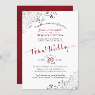 Lacy Silver Elegant Red & White Virtual Wedding Invitation