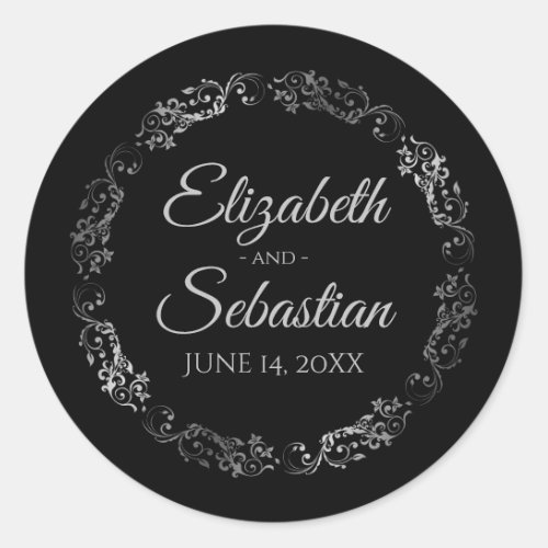 Lacy Silver Filigree Elegant Black Wedding Classic Round Sticker
