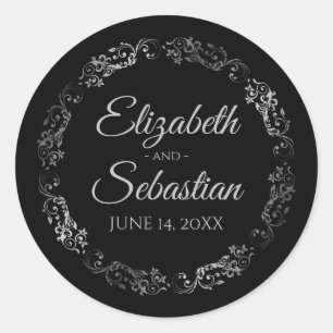 Lacy Silver Filigree Elegant Black Wedding Classic Round Sticker